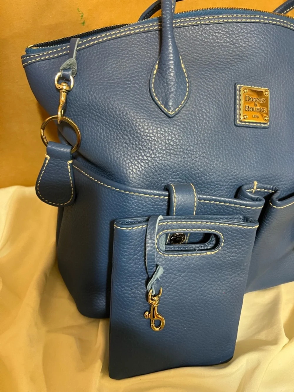 Dooney & Bourke Cobalt Blue Pebbled Leather Tote with Front Pockets - Picture 3 of 4